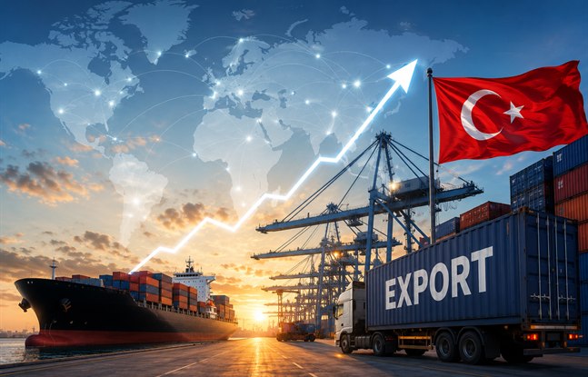 Liman, konteyner gemisi ve Türk bayrağı